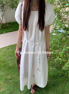 FST法式方领高级感连衣裙女夏海边度假长裙子设计感小众大摆a字裙