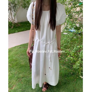 FST法式方领高级感连衣裙女夏海边度假长裙子设计感小众大摆a字裙