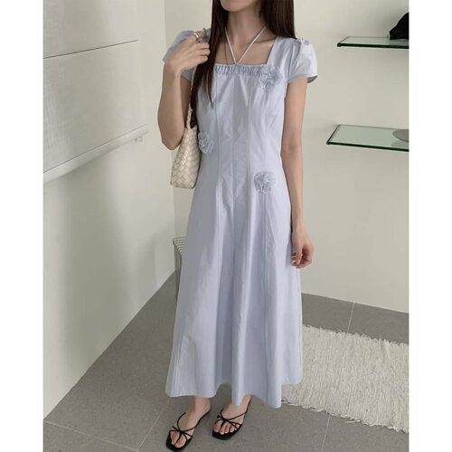 法式初恋方领花朵连衣裙夏季