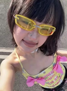 个性透明黄色无框小窄方框墨镜猫眼Y2K辣妹街拍网感女潮太阳眼镜