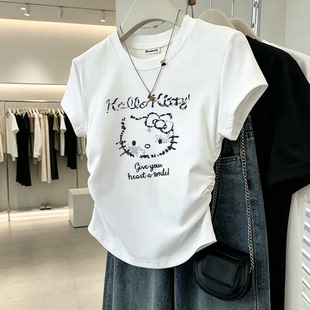 KT猫2026夏新款卡通正肩修身上衣印花褶皱收腰显瘦短袖t恤女短款