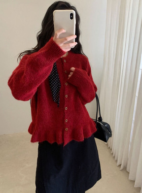 木四 韩系甜美显瘦裙摆式毛衣开衫女荷叶边红色毛衣上衣冬M6956