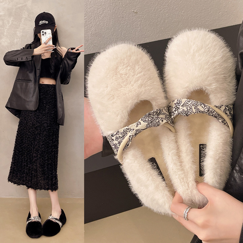 毛毛鞋女外穿平底加绒豆豆鞋一字带保暖一脚蹬懒人鞋加厚棉鞋女,女鞋,乐福鞋（豆豆鞋）,淘宝优惠券,粉丝福利购,淘宝优惠卷