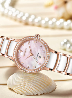 尼诺里拉女表石英表学生女士腕表玫瑰金时尚潮流防水手表白11059