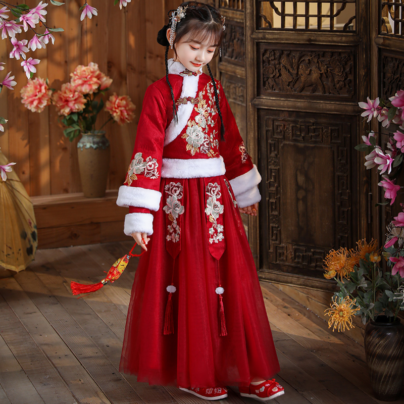 汉服女童秋冬装加厚儿童新年唐装宝宝拜年服中国风喜庆古装过年服