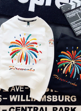 SRCHAOZS有运费险2025年春季新款卫衣圆领黑色休闲喜庆烟花卫衣