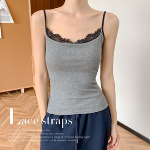 秋冬新品纯欲辣妹带胸垫磨绒撞色蕾丝拼接吊带穿搭显瘦百搭美背