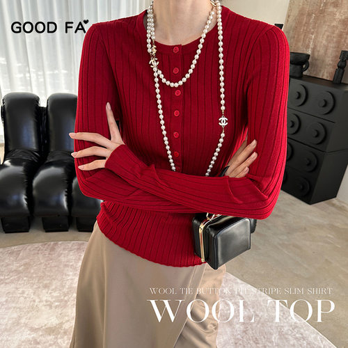 GOOD FA 2024年秋冬韩系精纺羊毛系扣坑条显瘦金属标毛衣 24307