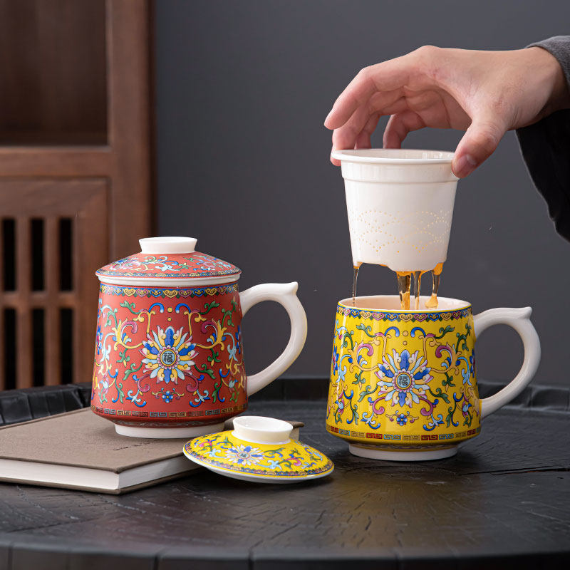 高档茶水分离杯陶瓷水杯茶杯主人杯大容量办公杯带盖泡茶杯家用