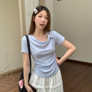 设计感小众别致上衣T恤女 胖mm显瘦正肩收腰抽褶新款 300斤大码 女装