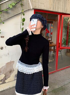 300斤大码女装胖m韩系甜美收腰显瘦蕾丝拼接打底衫女上衣秋冬新款