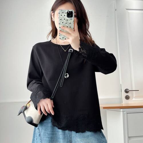 秋冬大码女装蕾丝拼接长袖T恤