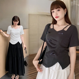 设计感小众别致上衣T恤女 胖mm显瘦正肩收腰抽褶新款 300斤大码 女装