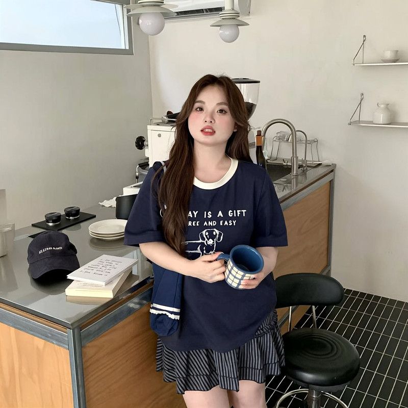 纯棉300斤大码女装胖mm休闲显瘦宽松正肩T恤遮肚宽松甜美百搭上衣