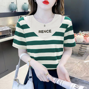 t恤设计感小众假两件上衣时尚 300斤胖mm小香风短袖 洋派 女装 特大码