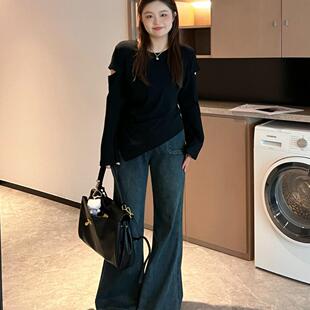 显瘦设计感圆领长袖 破洞镂空微胖大码 上衣300斤洋气上衣胖mm秋季