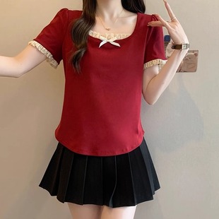 设计感小众别致上衣T恤女 胖mm显瘦正肩收腰抽褶新款 300斤大码 女装