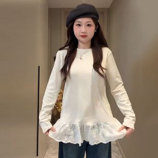 T恤女秋冬百搭打底衫 300斤大码 蕾丝花边拼接长袖 胖mm法式 上衣 女装