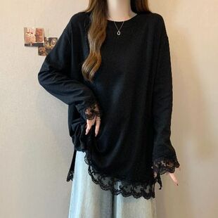 胖mm显瘦打底衫 300斤中长款 女装 t恤秋冬大码 上衣 德绒拼接蕾丝长袖