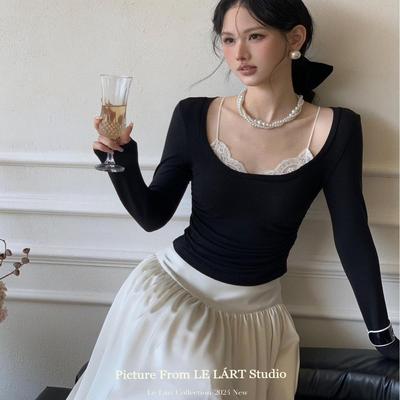 300斤大码女装纯欲风吊带蕾丝长袖t恤女胖mm假两件别致打底衫上衣