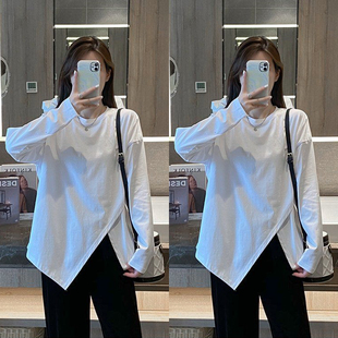 女装 宽松不规则上衣T恤百搭洋气打底衫 秋季 200斤胖mm韩版 新款 大码