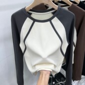 新款 300斤大码 上衣百搭t恤 拼接长袖 T恤秋季 女装 胖m撞色洋气打底衫