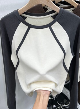 300斤大码女装胖m撞色洋气打底衫拼接长袖T恤秋季新款上衣百搭t恤