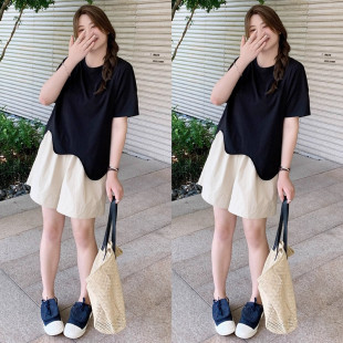 t恤2 胖mm小香风洋气不规则遮肚子显瘦上衣正肩短袖 300斤大码 女装