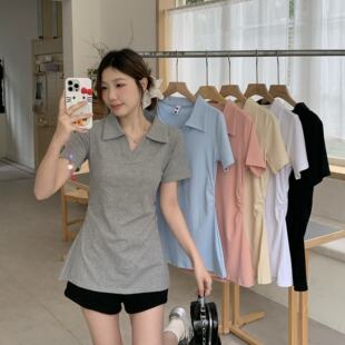 300斤胖mm大码女装正肩POLO领设计感收腰夏季新款显瘦遮肚短袖T恤
