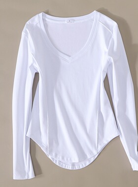 300斤大码女装胖m时尚性感V领长袖T恤内搭上衣弧形下摆显瘦打底衫