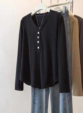 300斤大码女装胖mmV领长袖T恤女秋冬显瘦上衣遮肚藏肉内搭打底衫2