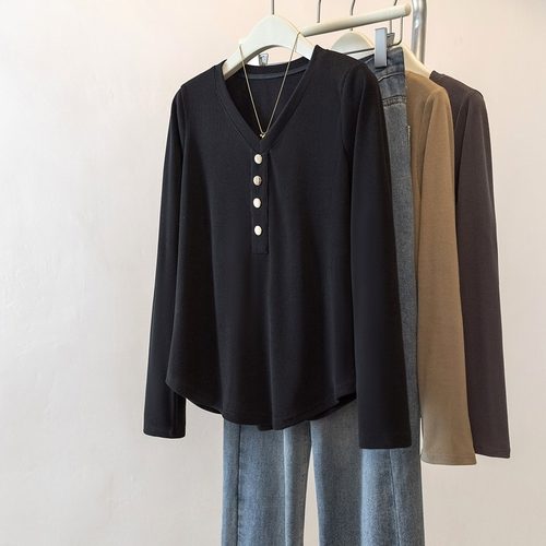 300斤大码女装胖mmV领长袖T恤女秋冬显瘦上衣遮肚藏肉内搭打底衫2