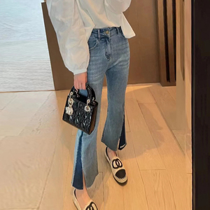 秋季2023新款女装大码裤子女高腰开叉微喇牛仔裤女弹力显瘦九分裤