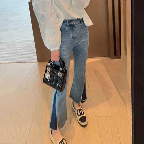 秋季女装2025新款大码裤子女高腰开叉弹力显瘦九分微喇牛仔裤女