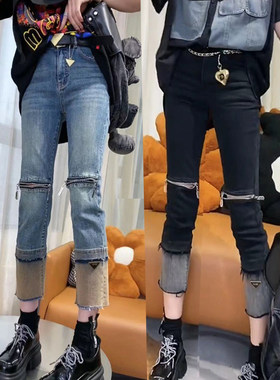 大码裤子女2026新款春季高腰弹力破洞牛仔裤女胖mm显瘦九分烟管裤