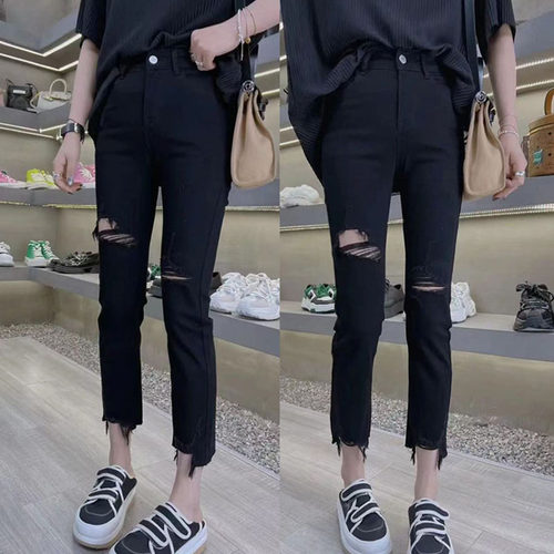 大码女装2026新款高腰破洞牛仔裤女胖mm夏季薄款显瘦烟管裤子女