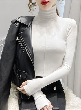 黑色带手套秋衣大码女冬内搭高领指洞汗衫套指小衫勾手指打底衣服