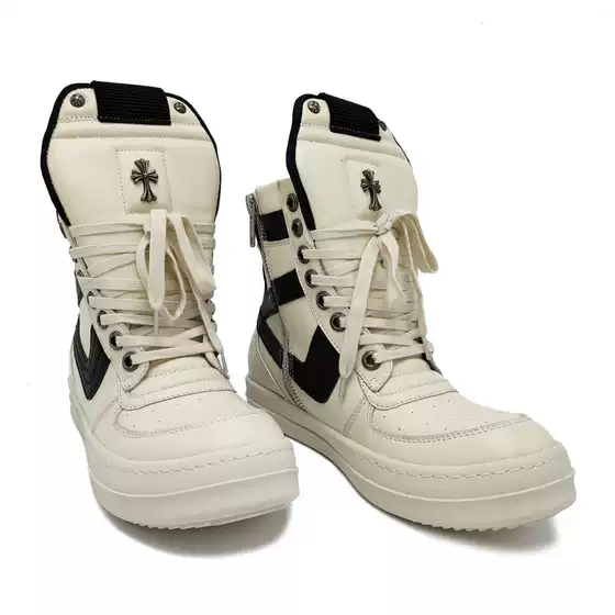 Ro Large Inverted Triangle Cross Hook R High-Top Women's Black and White Shoes Men's Thick-Soled Short Boots Genuine Leather Couple's Shoes