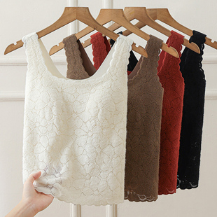 法式蕾丝羽毛纱磨毛木瓜精油润肤保暖背心女带胸垫一体式方领内搭