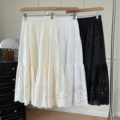 森系早春新款全棉刺绣纯色半身裙文艺小清新绣花内衬双层A字半裙