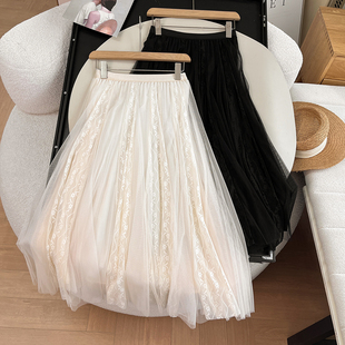 法式蕾丝双层网纱半身裙春夏新款松紧高腰中长款a字大摆裙