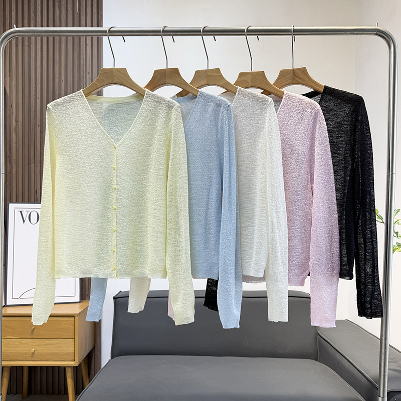 韩系温柔风糖果色V领针织开衫女春夏长袖薄款百搭防晒外搭上衣