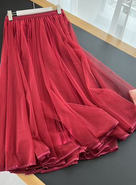 只有红色 两面穿大摆裙双层a字半身裙百搭显瘦遮胯高腰女春夏长裙