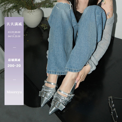 Mooreyu银色尖头高跟鞋女外穿皮带扣包头凉拖鞋真皮半拖后空单鞋