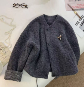 韩系慵懒风短外套女百搭小个子圆领开衫灰色  26434
