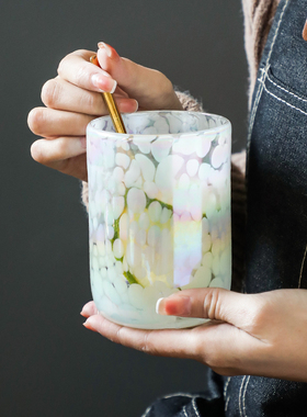 创意复古人工甩点玻璃杯白色斑点艺术复古水杯豹纹彩色网红小红书