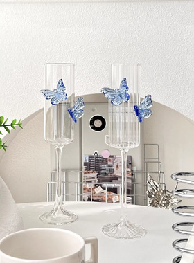 原创设计师款高脚杯ins高颜值蓝色蝴蝶酒杯蝴蝶香槟酒杯鸡尾酒杯