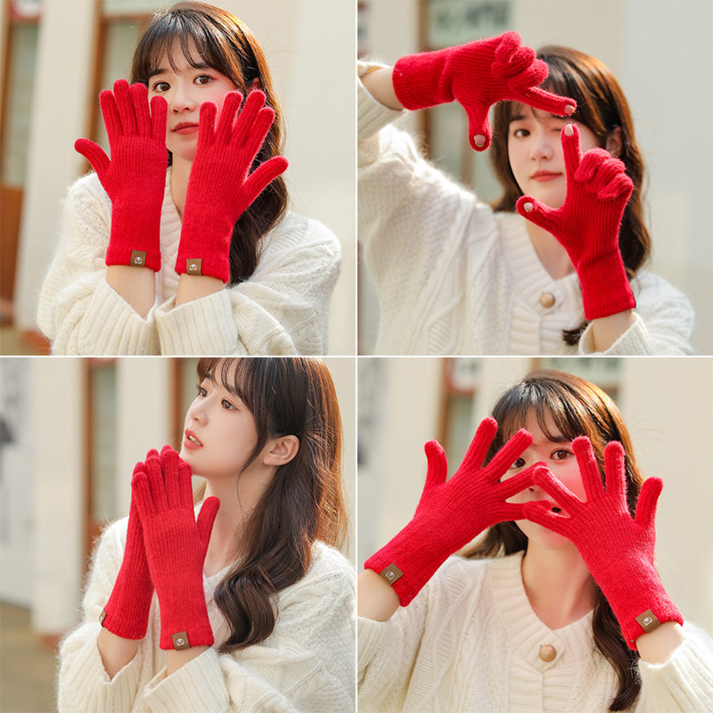 겨울용 여성용 니트 장갑 두꺼운 모직 따뜻하고 두꺼워 패셔너블한 레드 터치 스크린 휴대폰 놀이 사이클링 야외 방한