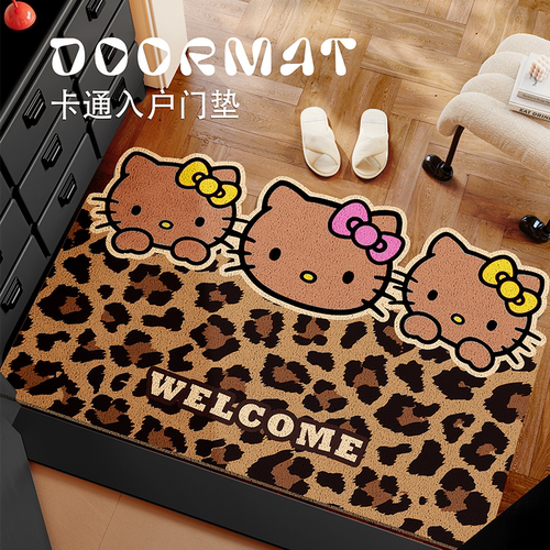 复古豹纹卡通入户门垫进门换鞋丝圈地垫HelloKitty地毯门外脚垫子
