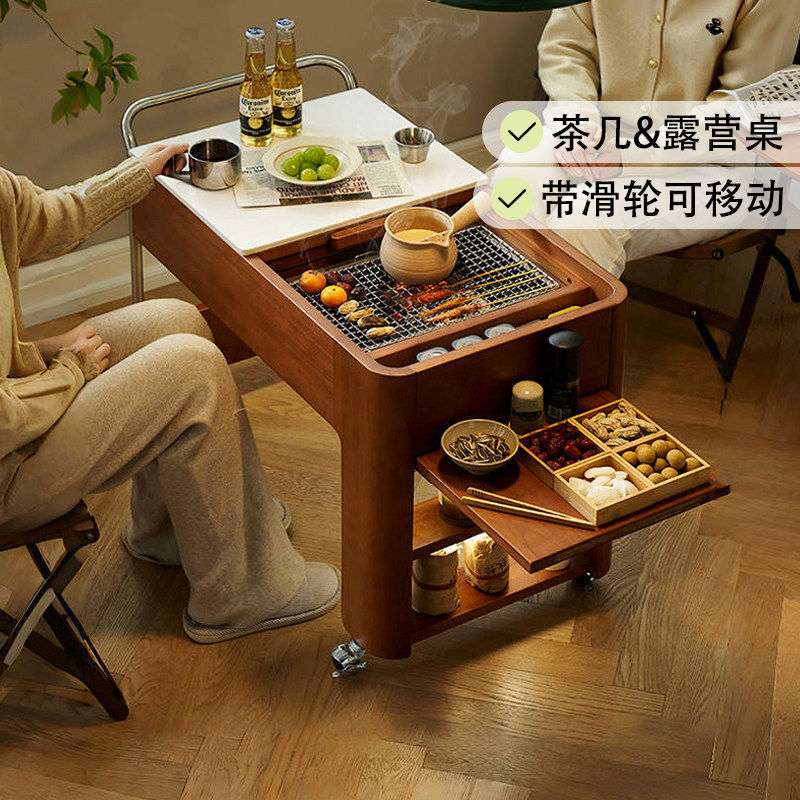 实木茶几围炉煮茶烤火套装炉客厅移动小推车阳台茶桌复古沙发边几